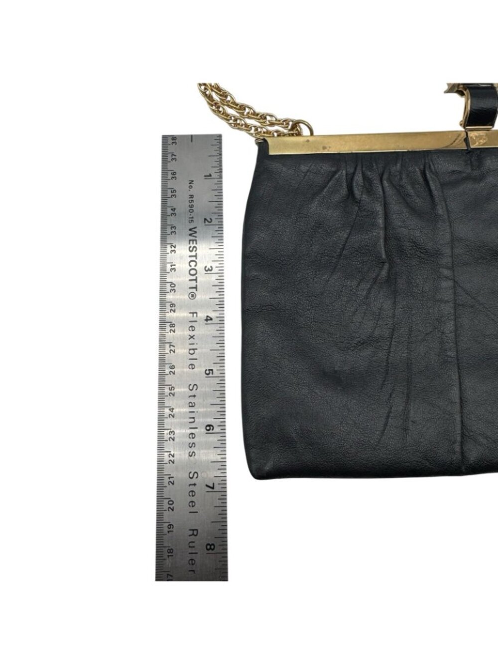 Vintage Mid Century Black Leather Frame Purse Gold Chain Strap Mad Men Style - Picture 14 of 16